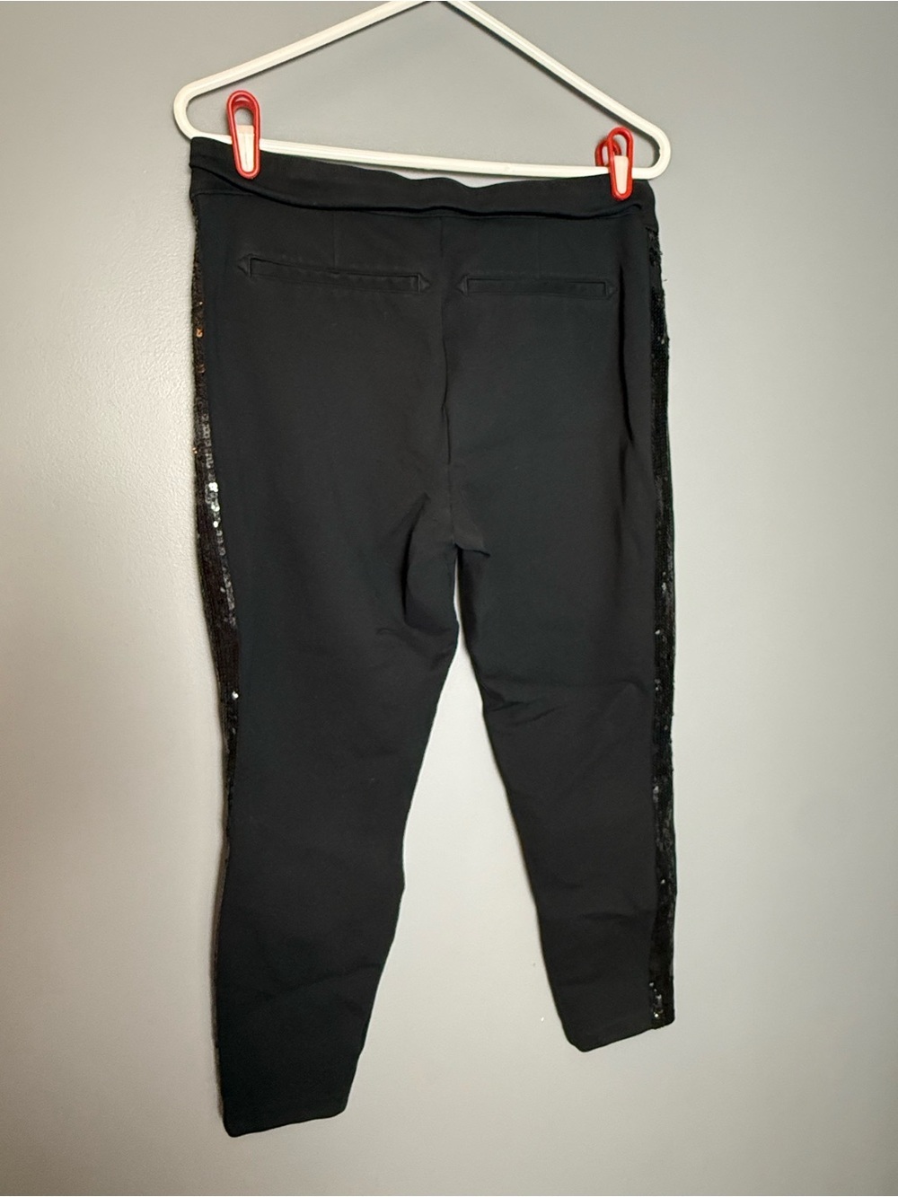 Spanx Ponte Capri Pant With Sequin Trim Women's Sz L Black Stretch FLAW
